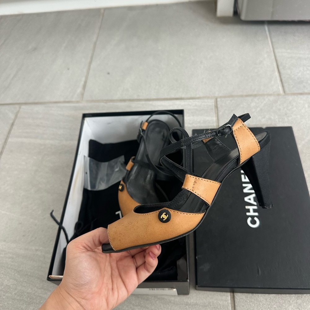 Vintage Chanel Black and Tan Leather Slingback Heels
